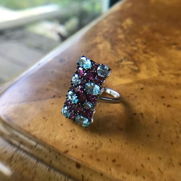 Natural Rhodolite Garnet Blue Zircon Sterling Silver Cocktail Ring Size 5 - Picture 5 of 9